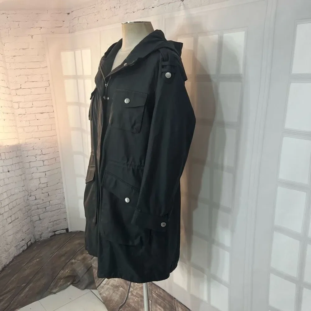 BCBGeneration Black Full Zip Hooded Lined Leather Look Jacket Size Large - Picture 3 of 10
